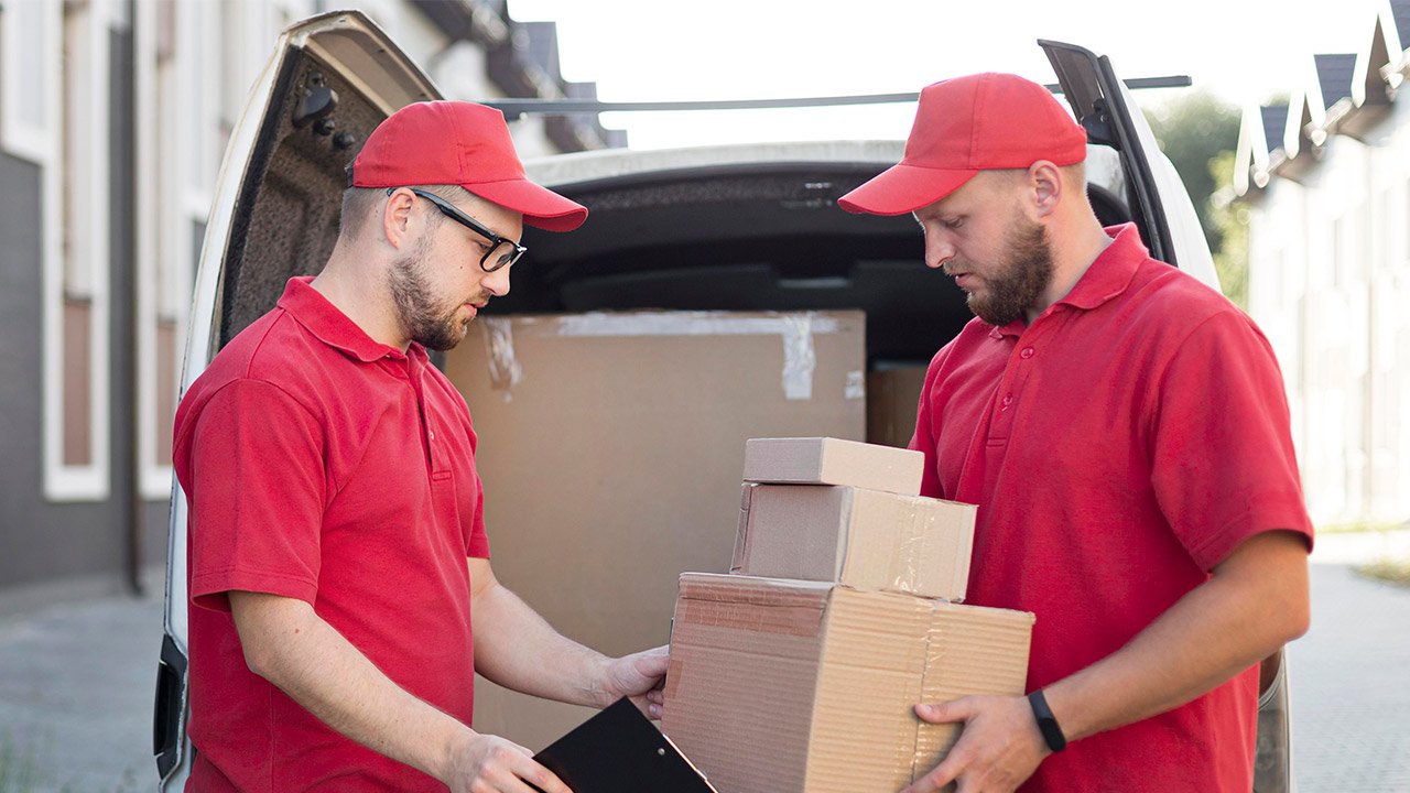 Deux livreurs en uniforme rouge déchargent des cartons à l'arrière d'une camionnette dans une rue résidentielle.