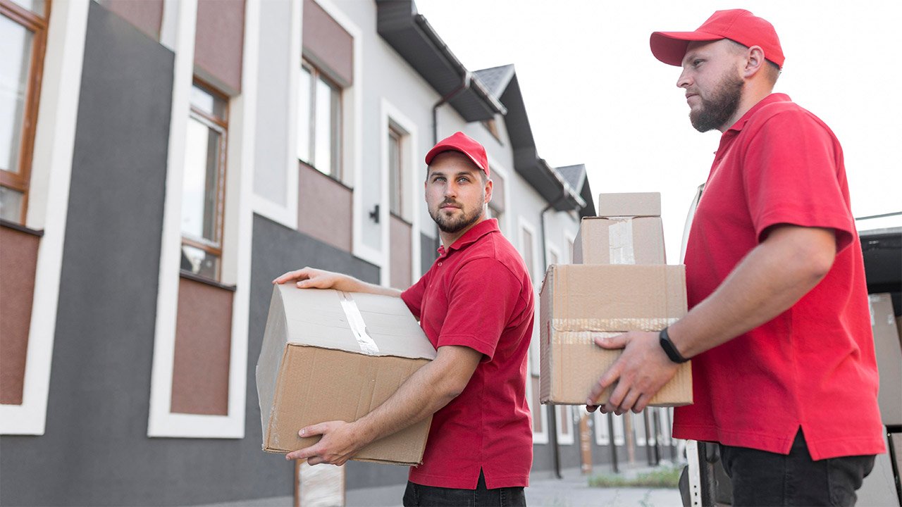 Deux livreurs en uniforme rouge transportent des cartons à l'extérieur d'un immeuble résidentiel.