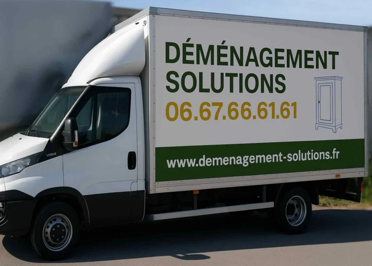 Un camion de déménagement portant l'inscription "Déménagement Solutions", un numéro de téléphone, un site web et une petite image de garde-robe sur le côté.