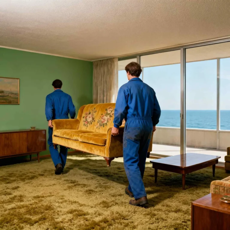 Deux déménageurs en combinaison bleue transportent un canapé vintage à fleurs jaunes dans un salon de style rétro aux murs verts, avec une vue sur la mer à travers de grandes fenêtres.