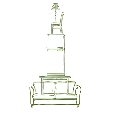 Dessin au trait de meubles empilés verticalement : un canapé en bas, puis une table, un réfrigérateur, une chaise et une lampe en haut.